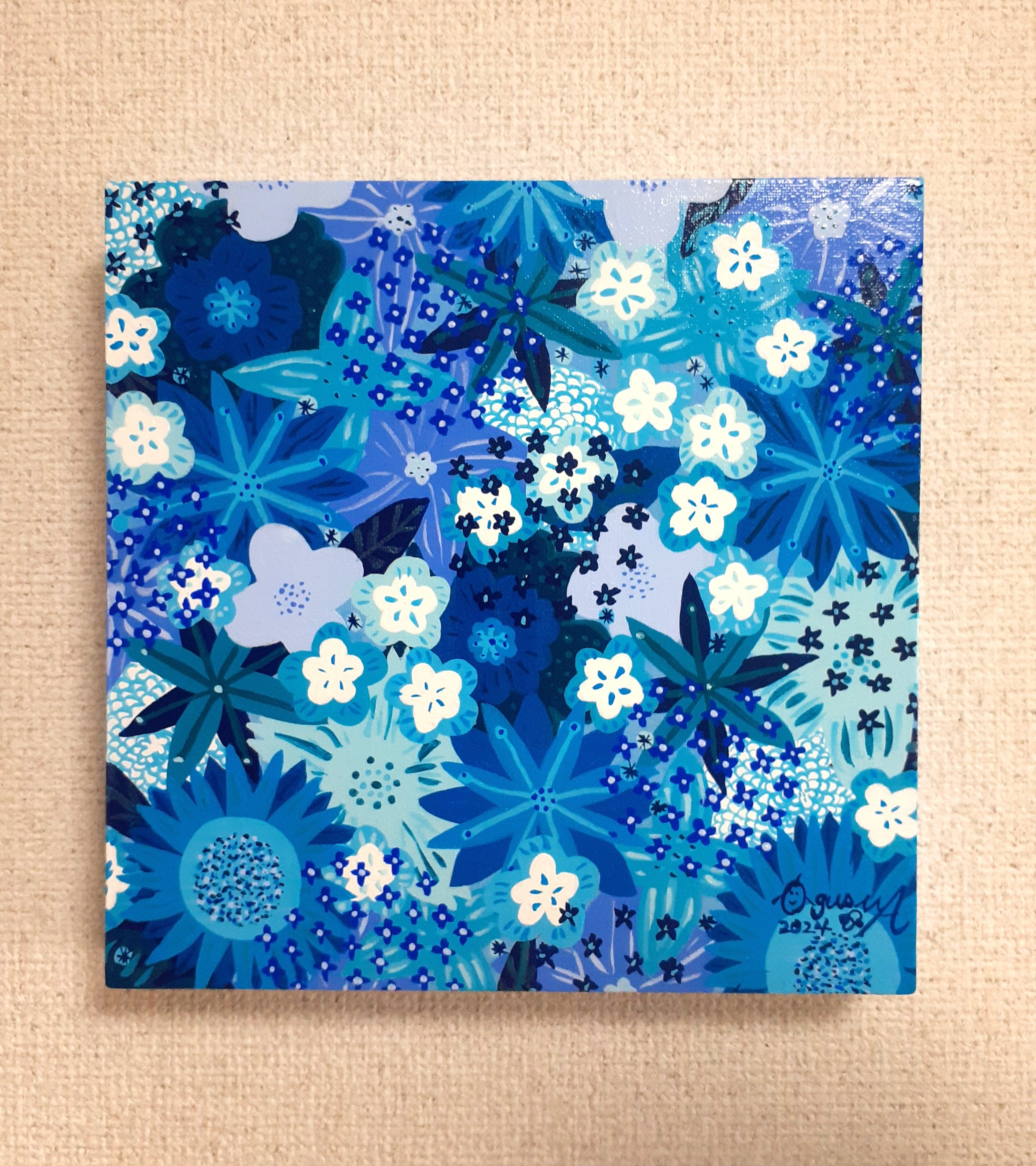 ハート型 青い花だらけのハートの作品 画家　小楠アキコ作品　40×40cm ハート型 青い花だらけのハートの作品 画家 小楠アキコ作品 40×40cm